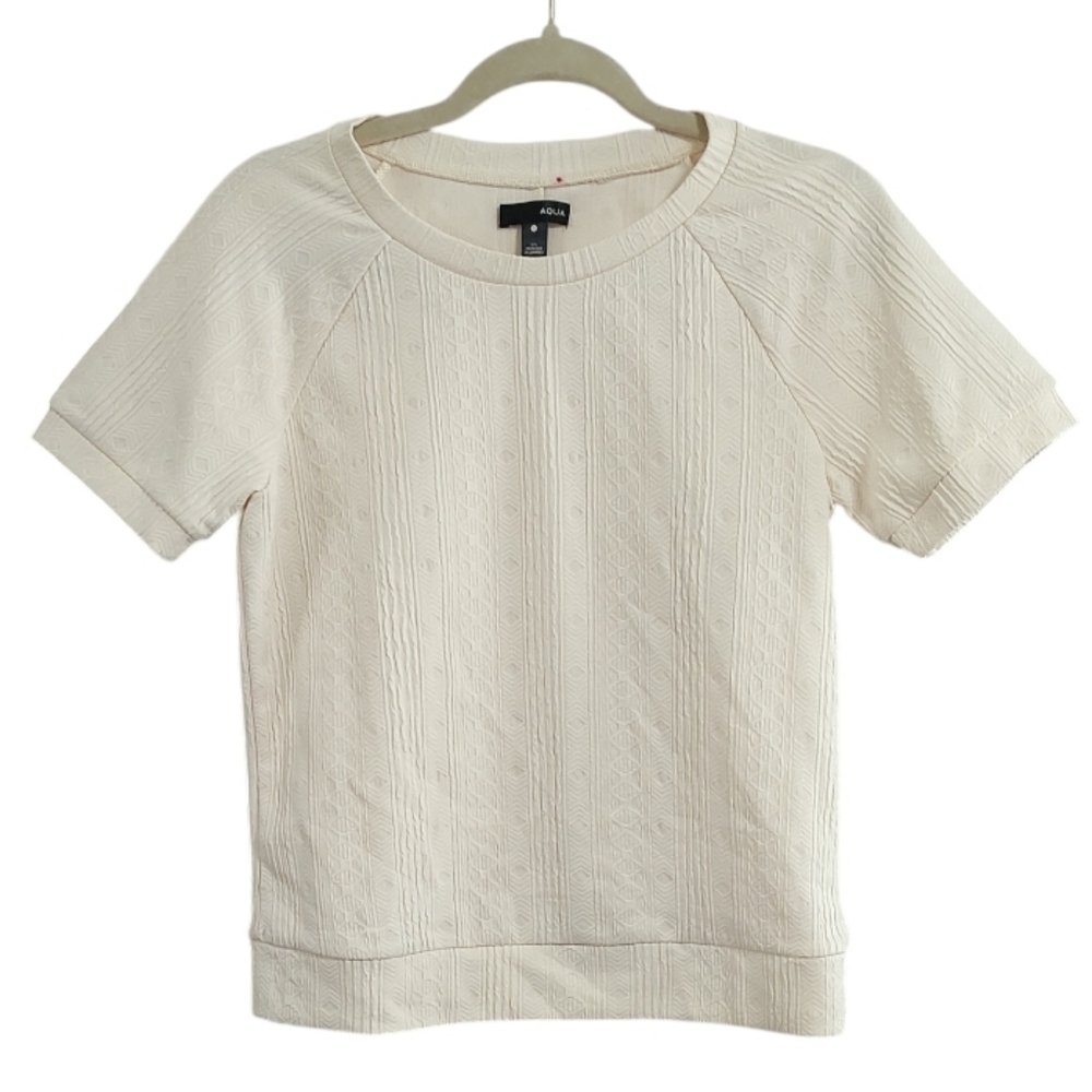 Aqua Cream Textured Jacquard Weave Short Sleeve Top